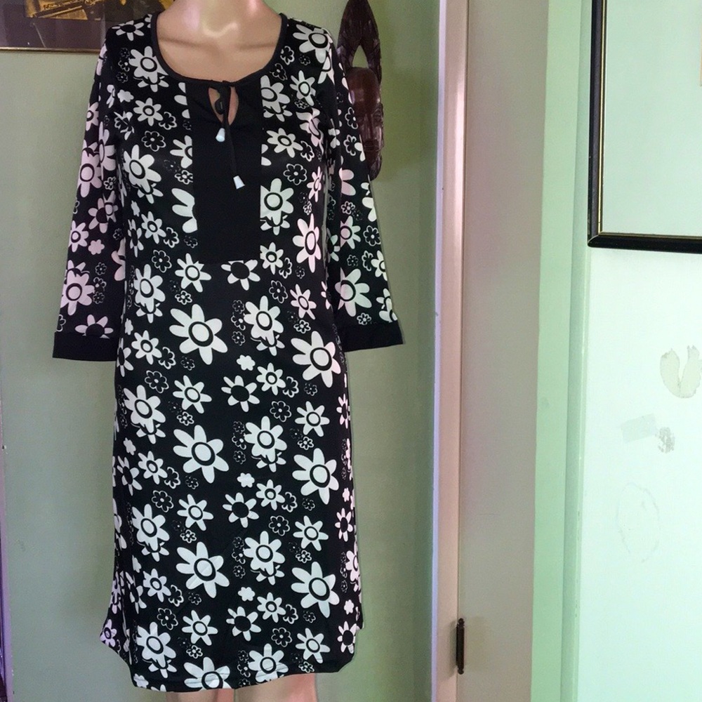 Earth Song Junior Small Retro Floral Dress Blk/Wht